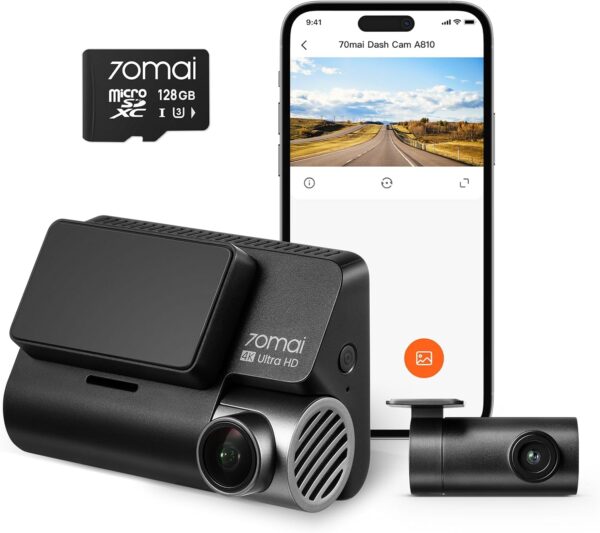 70mai Nuova Dash Cam 4K A810 Fronte e Retro con Scheda SD da 128GB, GPS Integrat... - immagine 2